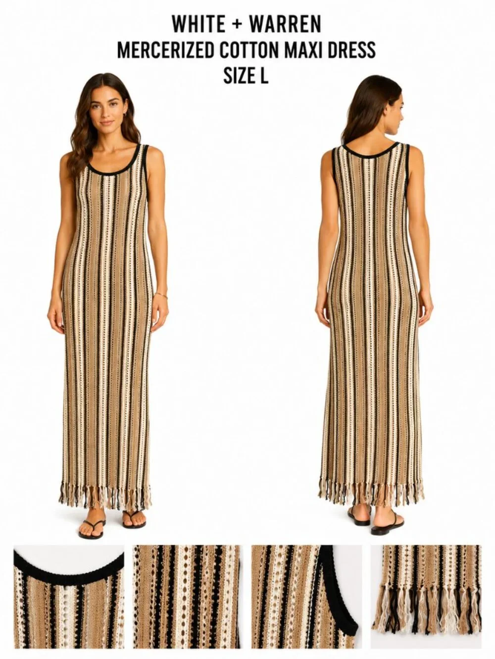 White + Warren Mercerized cotton fringe crochet dress Beige/Brown Black Size L